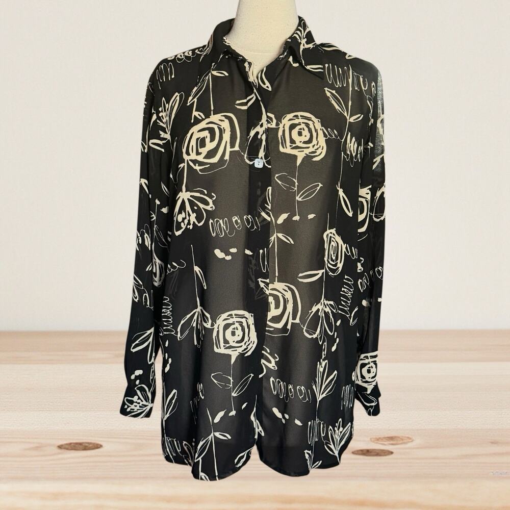 Travel Smith Black White Tunic Blouse Sz L Abstract Flower Art Print Long Sleeve